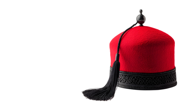 A red fez hat with a black tassel, isolated on a white background