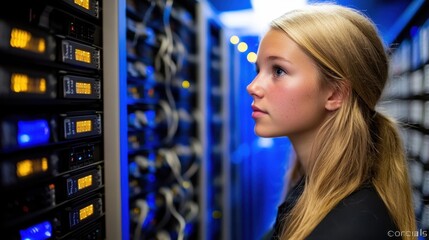 Young Female Professional in Data Center Analyzing Server Equipment with Bright Blue Lights and Complex Technology Setting in Background