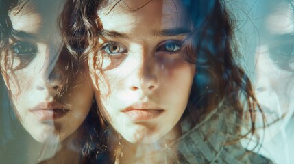 Obraz premium A close view reveals a young brunette girl gazing into the camera reflecting her struggle with dissociative identity disorder illustrated through a striking double exposure effect.