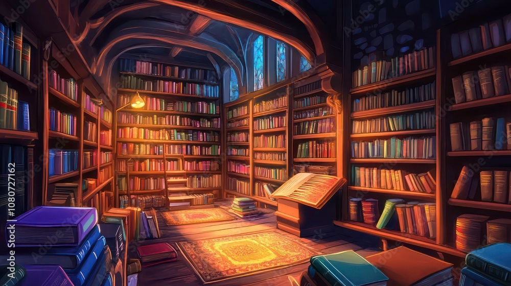 Poster a library with shelves filled with colorful, neatly arranged books in a cozy, dimly lit room. concep