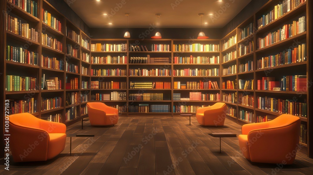 Poster a library with shelves filled with colorful, neatly arranged books in a cozy, dimly lit room. concep
