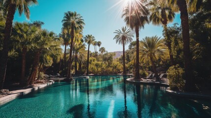 A serene tropical pool with palm trees under a bright sun.