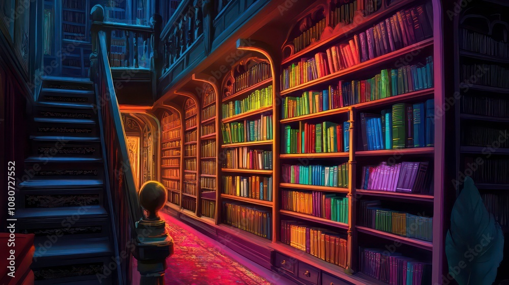 Poster a dimly lit library with tall bookshelves filled with books, a staircase leading to an upper floor, 