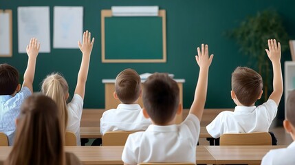 Children raising hands in a classroom, eager to participate in learning, foster a sense of engagement and curiosity.
