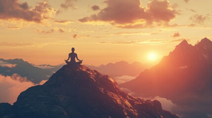 Naklejka premium Silhouette meditating on a mountain at sunrise.