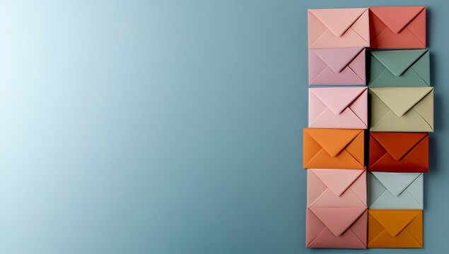 Cartoonish, cute, and lively scene of envelopes flying in the air with blurred background