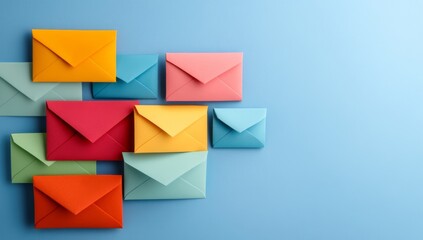 Cartoonish, cute, and lively scene of envelopes flying in the air with blurred background