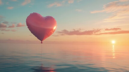 Fototapeta premium A single pink heart-shaped balloon floats in the sky above the ocean at sunset.