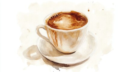 Fototapeta premium A detailed watercolor painting of a coffee cup filled with espresso, showcasing artistic textures and warm tones.