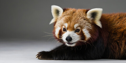 Fototapeta premium Cute Red Panda Animal lying on the white background Created with geenerative AI