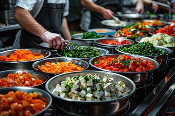 In a vibrant kitchen setting, chefs carefully chop and organize a variety of fresh vegetables, preparing for a busy meal service. Colorful ingredients fill metal bowls, showcasing healthy cuisine