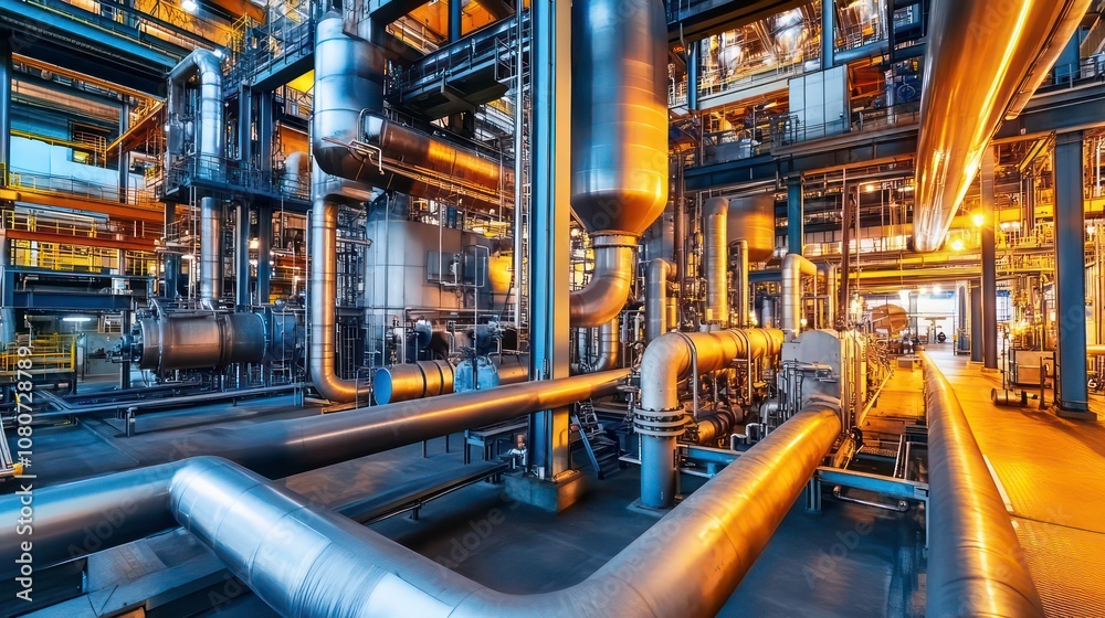 Poster a large industrial factory with a lot of pipes a large industrial factory with a lot of pipes Witness the symphony of whirring engines and clanking metal as a factory hums with productivity -