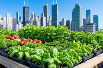 Fototapeta premium Vegetable garden on top of an urban building with a panoramic view of the skyline