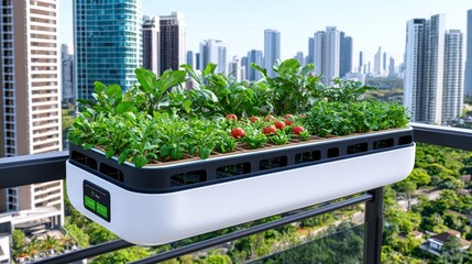 Under artificial LED lighting, lush green plants grow in a soilless hydroponic system fed with...