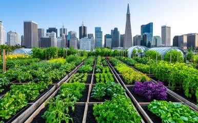 Fototapeta premium This urban farm on a rooftop is running on a system of recycled greenhouses, solar panels, and water harvesting systems.