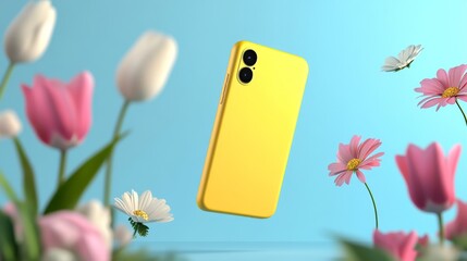 Yellow smartphone with pink and white flowers on light blue background