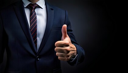 A businessman hand showing a thumbs-up gesture in a dark background, indicating approval, success, or agreement.