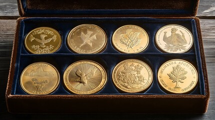 Collection of gold medals displayed in a velvet-lined box showcasing intricate designs.