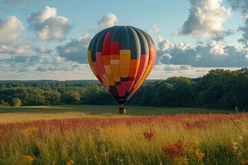Obraz premium A Colorful Hot Air Balloon Rising Against a Beautiful Blue Sky Over a Lush Green Field with Vibrant Wildflowers and Fluffy Clouds in the Background