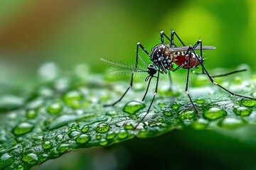 Close-up of a Mosquito Sitting on a Leaf with Raindrops, Showcasing the Details of Insect Anatomy and Natural Environment in a Lush Green Background