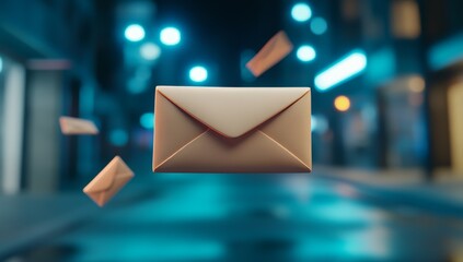 Cartoonish, cute, and lively scene of envelopes flying in the air with blurred background