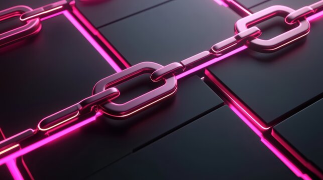 Chain links connecting multiple web pages with glowing keywords, showcasing backlink building and SEO strategies for website growth, 3D illustration