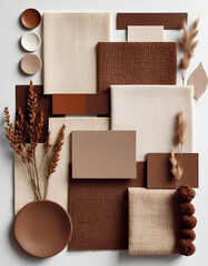 Mood board,Warm Earthy Fall Theme Flat Lay with Geometric Rustic Design, Square Cut-Outs, Woven Textures, Round Bowls, Natural Sticks, Red Leaf Object, Brown Bowl, Dried Plants