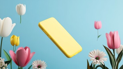 Yellow smartphone with pink and white flowers on light blue background