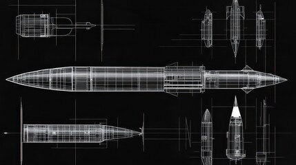 A highly detailed black and white technical drawing of the ballistic missile. Blueprint illustration showcases the missile in various views, including side, cross-section, and top-down perspectives.