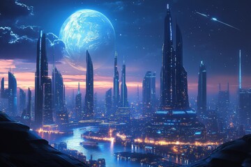 Fototapeta premium Stunning Futuristic Cityscape with Towering Skyscrapers and an Enormous Blue Planet in a Starry Night Sky, Illuminated by Vibrant City Lights and Cosmic Elements