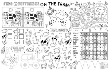 On the farm placemat with cute animals. Farm activity mat for kids with dot to dot, find 5 differences, maze and other games. Vector illustration