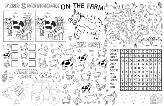 On the farm placemat with cute animals. Farm activity mat for kids with dot to dot, find 5 differences, maze and other games. Vector illustration