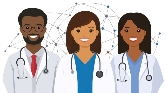 Three diverse doctors with stethoscopes, smiling and standing in front of a network of connected dots. - Powered by Adobe