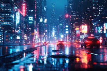 Obraz premium Vibrant, Neon-Lit Urban Cityscape at Night Featuring Glowing Skyscrapers and Reflective Roads Under a Misty Atmosphere with Dynamic Vehicles