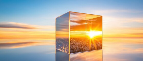 Glass cube housing a miniature city, illuminated by a stunning sunset, symbolizing urban innovation and harmony with the environment
