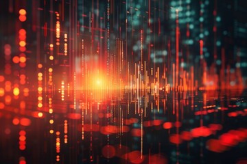 A striking double exposure merges stock market tickers and trading terminals with vivid geometric shapes symbolizing the volatile nature of financial systems and their interconnectedness.