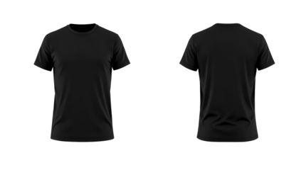 Black front and back part t-shirt isolated on transparent background, plain design, simple clothing, fashion mockup