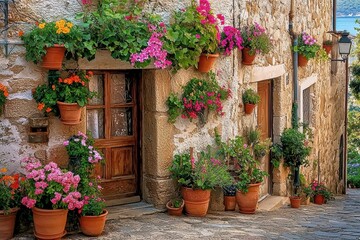 A quaint Spanish house with an old stone wall, adorned with hanging flower pots and vibrant flowers in terracotta planters, offers a picturesque view of the door and windows.