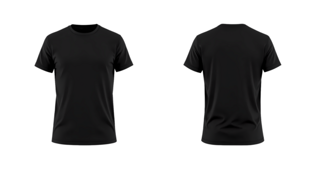 Black front and back part t-shirt isolated on transparent background, plain design, simple clothing, fashion mockup