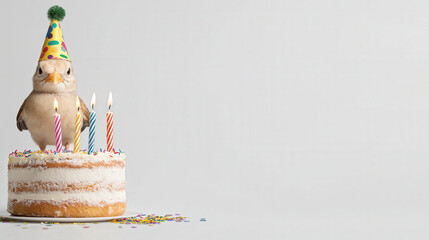 happy bird wearing birthday hat stands next to cake with candles, celebrating joyfully. scene is festive and colorful, perfect for birthday celebration