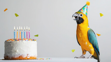 happy bird wearing birthday hat stands next to cake with candles, celebrating joyfully. colorful scene is festive and cheerful