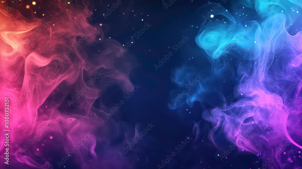 Poster abstract colorful smoke with glowing particles on dark background.