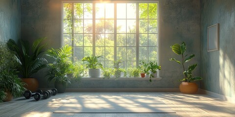 Sunlit room with large window, plants and dumbbells.