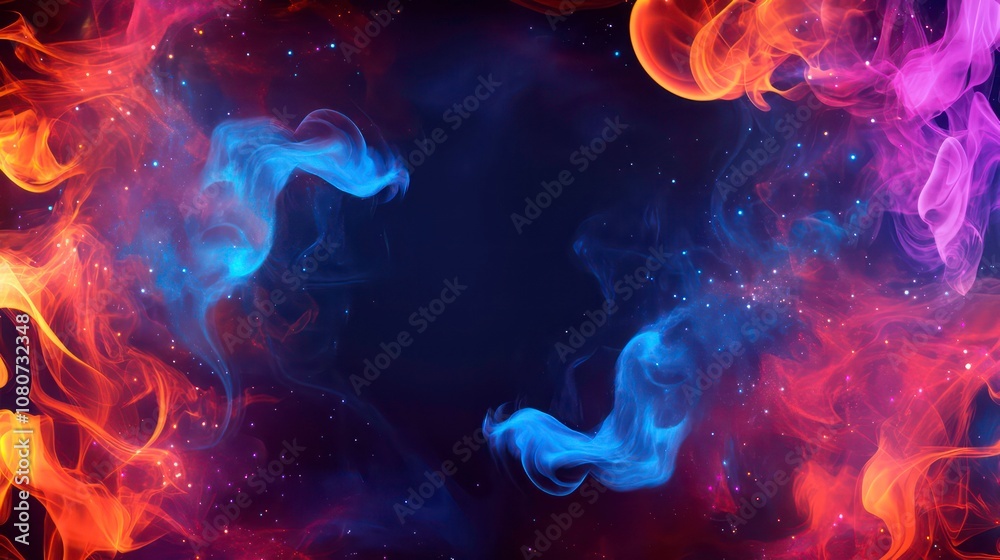 Poster abstract background of blue and red smoke with a black space in the center.
