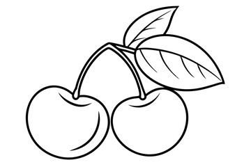 Cherry Line Art with Leaves Outline on White Background