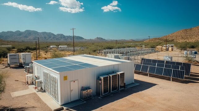 Hydrogen-powered microgrid setup, featuring solar panels and fuel cells, providing stable and green energy
