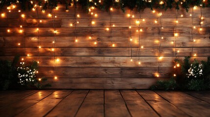 Rustic wooden wall adorned with warm and inviting christmas lights creates a cozy holiday atmosphere