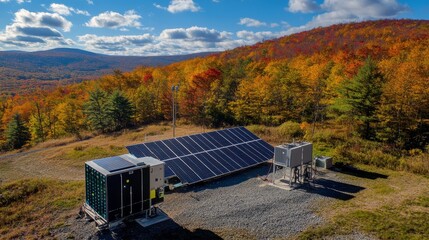 Hydrogen-powered microgrid setup, featuring solar panels and fuel cells, providing stable and green energy