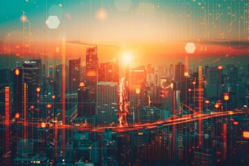 A vibrant sunset bathes a city skyline in golden light blending elements of financial data and market symbols reflecting the relationship between economics and urban growth.