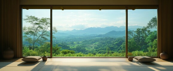 Fototapeta premium Minimalist Room with Large Window and Lush Mountain View